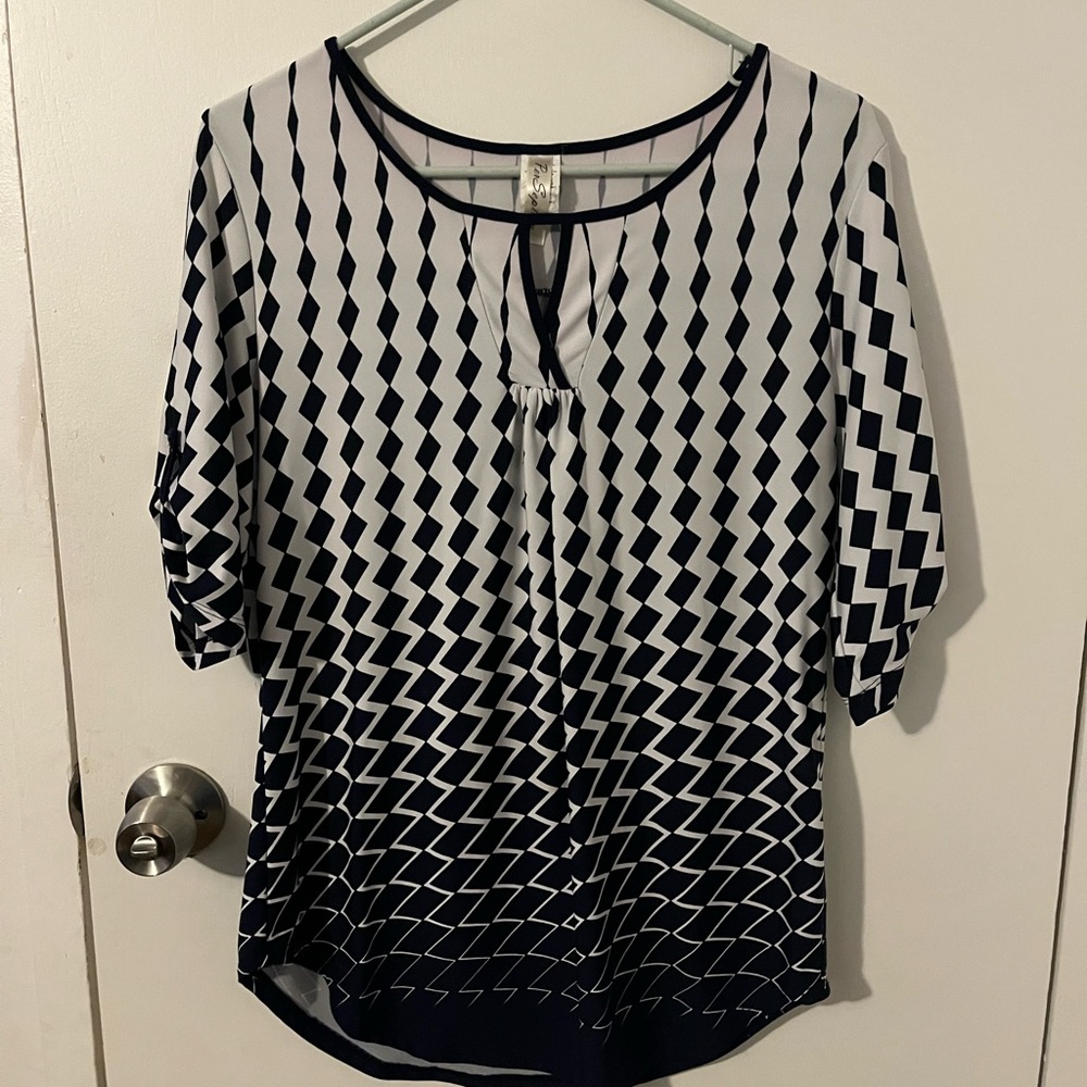 Navy Blue and White Polyester Top